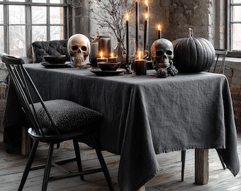 Halloween Black Linen Tablecloth: Gothic and Elegant Custom Decor