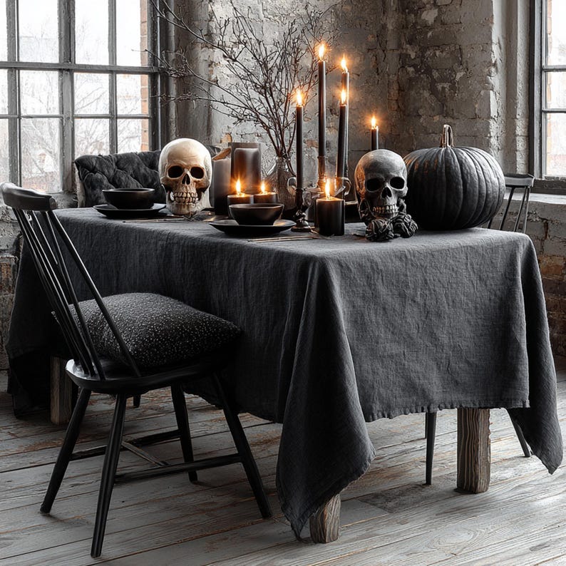 Black Linen Gothic Halloween Tablecloth
Transform your Halloween celebration into an affair with our black linen gothic Halloween tablecloth. Crafted from 100% pure linen, this tablecloth combines natural sophistication with an eerie, mystical charm. It will instantly conjure an atmosphere of gothic allure and Halloween mystery in your home, making it perfect for your dining table, festive banquets, and special seasonal gatherings.
Available in large, rectangle, and long sizes. Custom orders