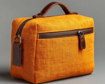 Handmade Linen Cosmetic Bag: Leather Accents, Zippered Pouch