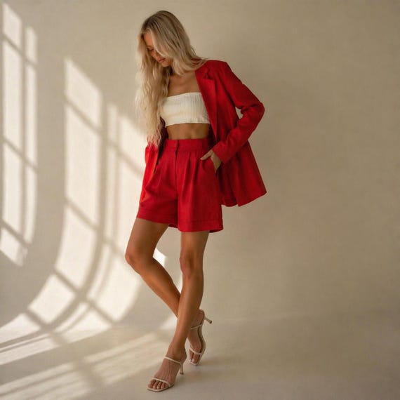 Linen Shorts Set Women, Classic Summer Blazer, Two-Piece Organic Suit, Resort Wear