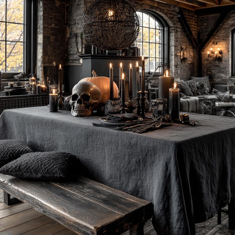 Black Linen Gothic Halloween Tablecloth
Transform your Halloween celebration into an affair with our black linen gothic Halloween tablecloth. Crafted from 100% pure linen, this tablecloth combines natural sophistication with an eerie, mystical charm. It will instantly conjure an atmosphere of gothic allure and Halloween mystery in your home, making it perfect for your dining table, festive banquets, and special seasonal gatherings.
Available in large, rectangle, and long sizes. Custom orders