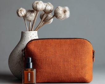Linen Cosmetic Bag with Leather Accents: Terracotta Zipper Pouch