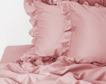 Conjunto de cama de cetim de algodão com babados rosa – decoração de quarto romântica e elegante