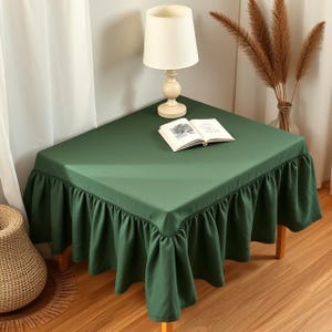 Green Linen Ruffled Nightstand Tablecloth | Farmhouse Bedside Table Cover