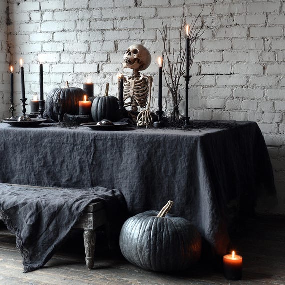 Black Linen Halloween Tablecloth: Gothic Elegant Decor, Custom Size