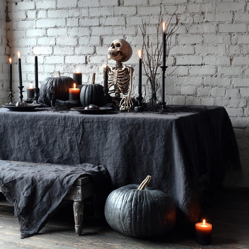 Black Linen Gothic Halloween Tablecloth
Transform your Halloween celebration into an affair with our black linen gothic Halloween tablecloth. Crafted from 100% pure linen, this tablecloth combines natural sophistication with an eerie, mystical charm. It will instantly conjure an atmosphere of gothic allure and Halloween mystery in your home, making it perfect for your dining table, festive banquets, and special seasonal gatherings.
Available in large, rectangle, and long sizes. Custom orders