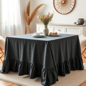 Black natural linen tablecloth with ruffeles: Elegance & Comfort