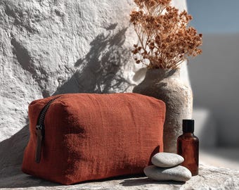 Handmade Linen Cosmetic Bag: Terracotta Travel Makeup Pouch with Leather