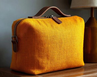 Handmade Linen Cosmetic Bag: Leather Accents, Zippered Travel Pouch