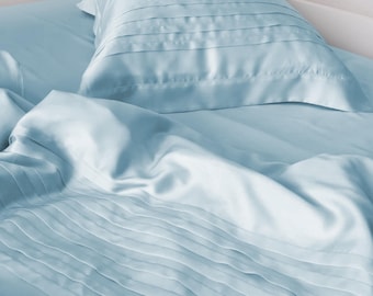 Blue Pleated Cotton Bedding Set: Elegant Sateen Duvet Cover