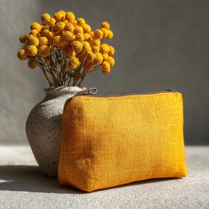 Handmade Mustard Linen Cosmetic Bag: Leather Accents, Zippered Pouch