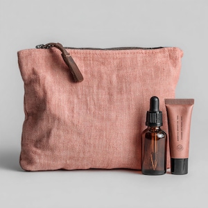 Handmade Linen Cosmetic Bag: Leather Accents, Zippered Travel Pouch