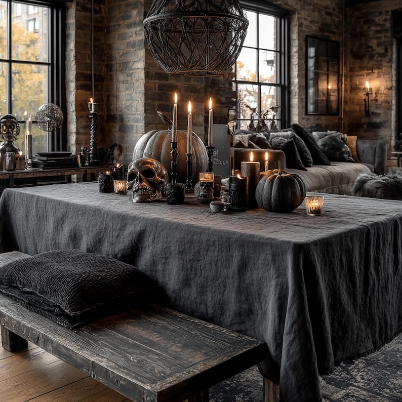 Black Linen Gothic Halloween Tablecloth
Transform your Halloween celebration into an affair with our black linen gothic Halloween tablecloth. Crafted from 100% pure linen, this tablecloth combines natural sophistication with an eerie, mystical charm. It will instantly conjure an atmosphere of gothic allure and Halloween mystery in your home, making it perfect for your dining table, festive banquets, and special seasonal gatherings.
Available in large, rectangle, and long sizes. Custom orders