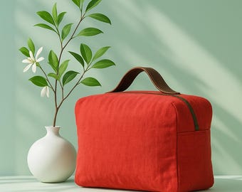 Red Linen Makeup Bag with Handle | Zipper Pouch Organizer | Bridesmaid Gift | Small Toiletry Kit