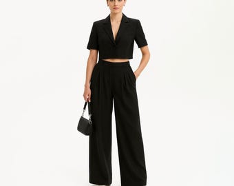 Black Linen Suit: Women's Two-Piece Set with Cotton Lining