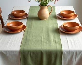 Green Linen Table Runner: Rustic Farmhouse Dining, Eco-Friendly Decor