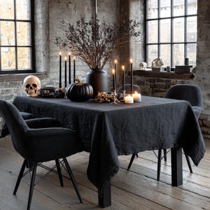 Black Linen Gothic Halloween Tablecloth
Transform your Halloween celebration into an affair with our black linen gothic Halloween tablecloth. Crafted from 100% pure linen, this tablecloth combines natural sophistication with an eerie, mystical charm. It will instantly conjure an atmosphere of gothic allure and Halloween mystery in your home, making it perfect for your dining table, festive banquets, and special seasonal gatherings.
Available in large, rectangle, and long sizes. Custom orders