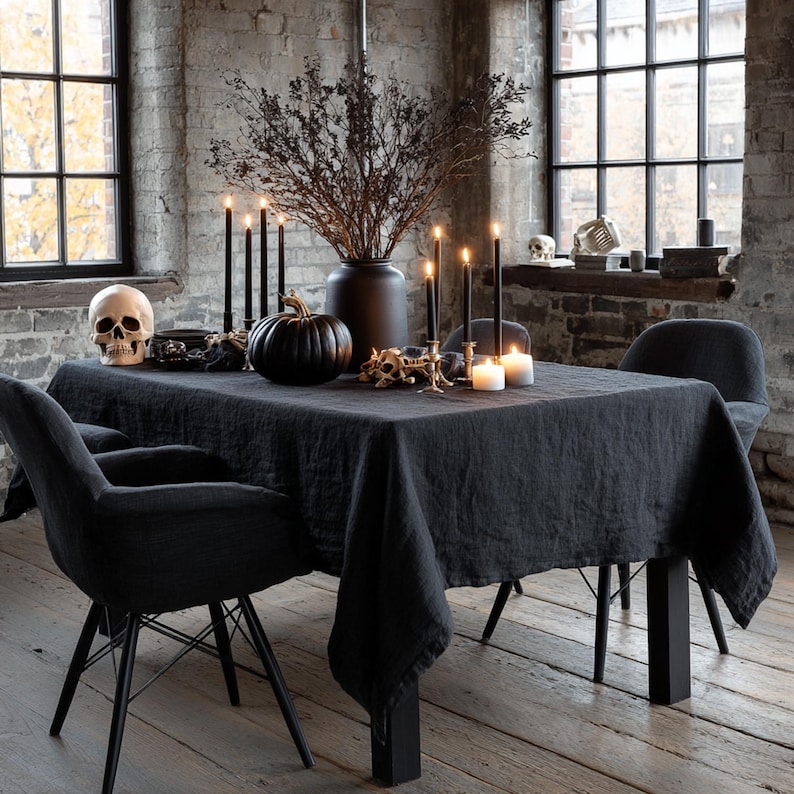 Black Linen Gothic Halloween Tablecloth
Transform your Halloween celebration into an affair with our black linen gothic Halloween tablecloth. Crafted from 100% pure linen, this tablecloth combines natural sophistication with an eerie, mystical charm. It will instantly conjure an atmosphere of gothic allure and Halloween mystery in your home, making it perfect for your dining table, festive banquets, and special seasonal gatherings.
Available in large, rectangle, and long sizes. Custom orders