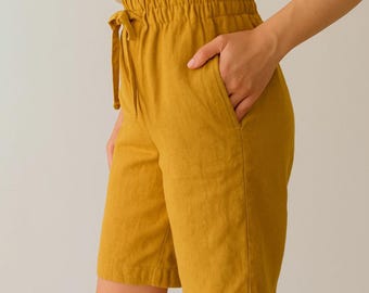 Women's mustard linen shorts: Comfort, pockets, elastic waist, drawstrings. Custom sizes. 29 colors