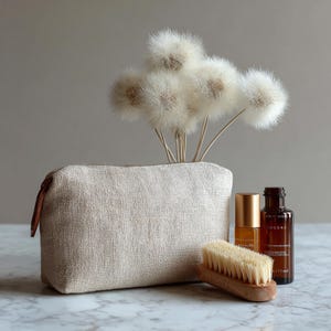 Puede incluir: Un neceser de lino beige con una lengüeta de cuero marrón, junto a un pequeño cepillo de madera, dos botellas de vidrio ámbar y un ramo de flores blancas esponjosas. Sobre una superficie de mármol.