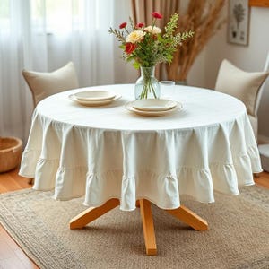 White natural linen round tablecloth with ruffeles: Elegance & Comfort