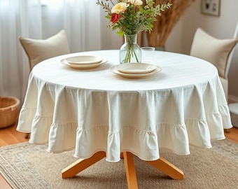 Tovaglia rotonda in lino naturale bianco con volant: Eleganza e Comfort