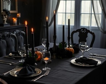 Gothic Black Linen Tablecloth: Elegant & Spooky Halloween Decor
