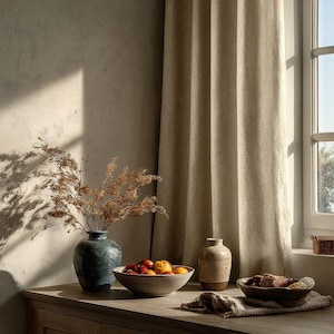 Linen Kitchen Curtain Set: Natural Flax Farmhouse Window Panels
