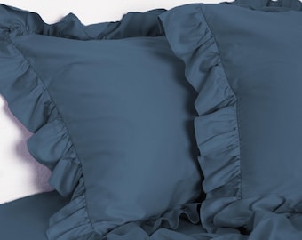 Dark Blue Ruffled Sateen Bedding Set – Romantic & Elegant Bedroom Decor