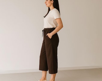 Brown Linen Capri Pants: Women's Organic Cotton Cropped Trousers