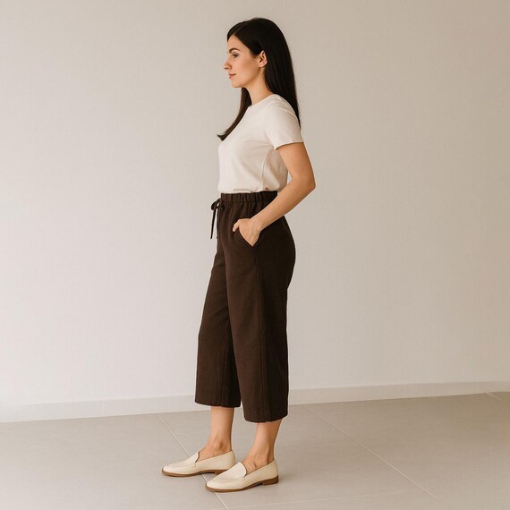 brown capri dress pants Linen Pants: Women's Organic Cotton Cropped Trousers Espresso Bridesmaid Dress Matte