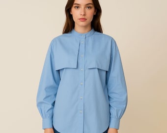 Sky Blue Cotton Blouse: Long Sleeve Button-Up Top, Plus Size Available