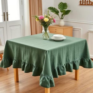 Natural linen green tablecloth with ruffeles: Elegance & Comfort