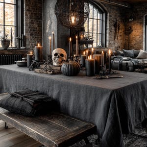 Black Linen Gothic Halloween Tablecloth
Transform your Halloween celebration into an affair with our black linen gothic Halloween tablecloth. Crafted from 100% pure linen, this tablecloth combines natural sophistication with an eerie, mystical charm. It will instantly conjure an atmosphere of gothic allure and Halloween mystery in your home, making it perfect for your dining table, festive banquets, and special seasonal gatherings.
Available in large, rectangle, and long sizes. Custom orders
