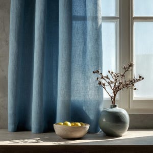 Natural linen blue kitchen curtains. Various sizes. Custom made. Custom sizes available. Various fastening types. 29 colors