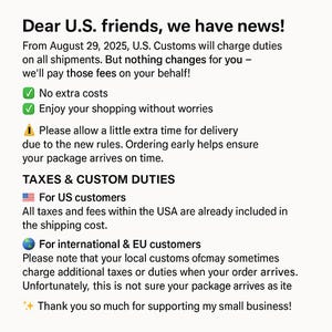 May include: Text on a white background reads "Dear U.S. friends, we have news!" followed by information about customs duties and taxes for U.S. and international customers. The text also includes a thank you message.