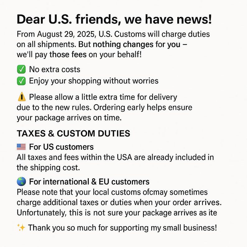 May include: Text on a white background reads "Dear U.S. friends, we have news!" followed by information about customs duties and taxes for U.S. and international customers. The text also includes a thank you message.