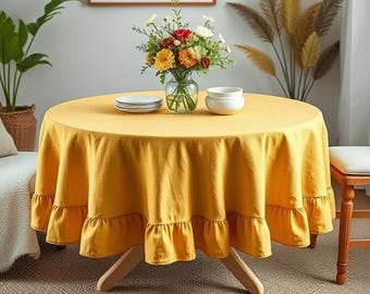 Orange rund duk av naturligt linne med volanger: Elegance & Comfort