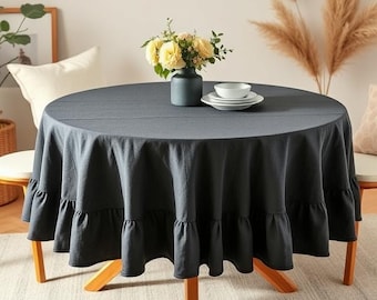 Mantel redondo de lino natural negro con volantes: Elegancia y Confort