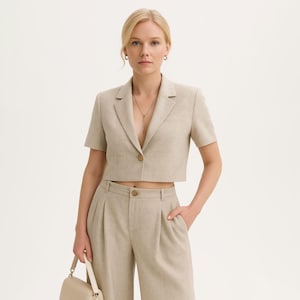 Beige Linen Suit: Women&#39;s Two-Piece Set, Cotton Lined