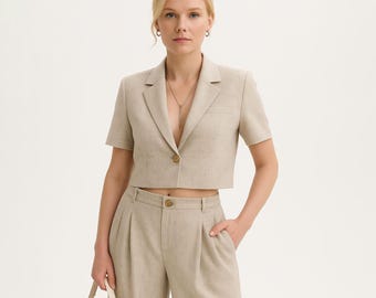Beige Linen Suit: Women's Two-Piece Set, Cotton Lined