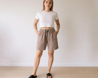 Women's beige linen shorts: Comfort, pockets, elastic waist, drawstrings. Custom sizes. 29 colors