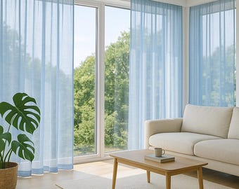 Set of 2 pcs - Sheer Blue Linen Curtain Panel: Custom Size Window Covering