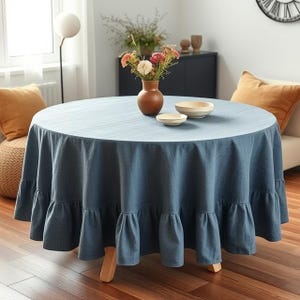 Blue natural linen round tablecloth with ruffeles: Elegance and Comfort