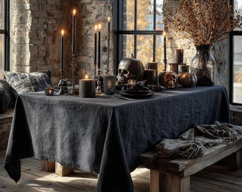 Mantel gótico de lino negro: elegante decoración para la mesa de Halloween