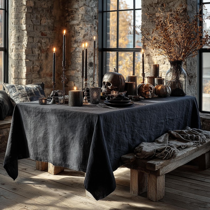 Black Linen Gothic Halloween Tablecloth
Transform your Halloween celebration into an affair with our black linen gothic Halloween tablecloth. Crafted from 100% pure linen, this tablecloth combines natural sophistication with an eerie, mystical charm. It will instantly conjure an atmosphere of gothic allure and Halloween mystery in your home, making it perfect for your dining table, festive banquets, and special seasonal gatherings.
Available in large, rectangle, and long sizes. Custom orders