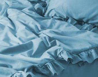 Blue Ruffled Cotton Sateen Bedding Set – Romantic & Elegant Bedroom Decor