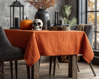 Orange Linen Tablecloth: Rustic Halloween Festive Decor