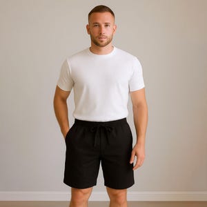 Mens black linen shorts: Comfort, pockets, elastic waist, drawstrings. Custom sizes. 29 colors