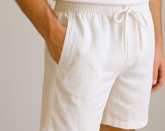 Mens white linen shorts: Comfort, pockets, elastic waist, drawstrings. Custom sizes. 29 colors